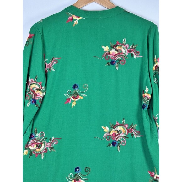 Kindred Anthropologie Blouse Womens Medium Kelly Green Embroidered Floral Boho - Picture 12 of 13